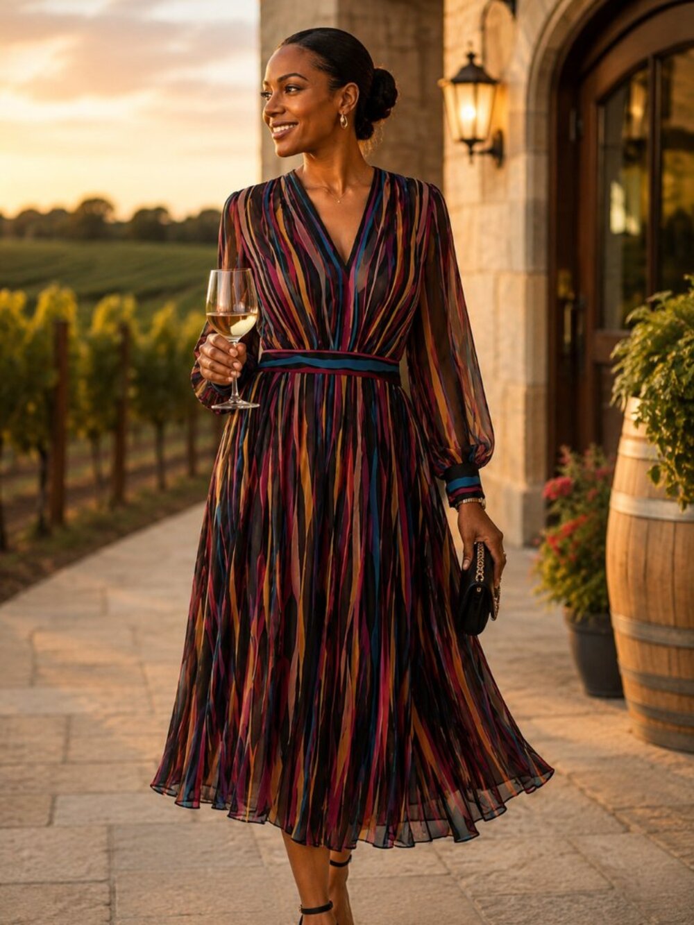 Anne Klein Pleated Sheer Stripe Midi Dress Size 16 | Wedding Guest Cocktail